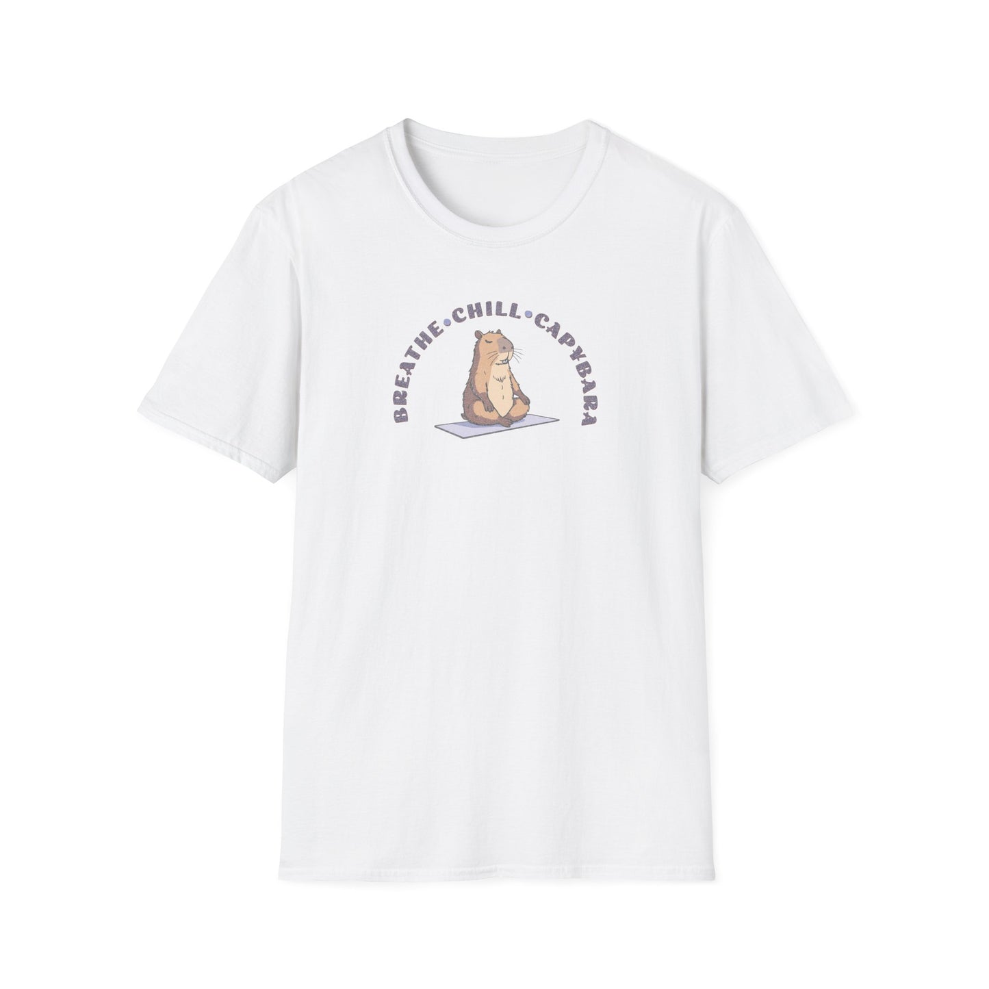 a white t-shirt with a capybara in a yoga pose sitting on a yoga mat with the text 'breathe, chill, capybara'.