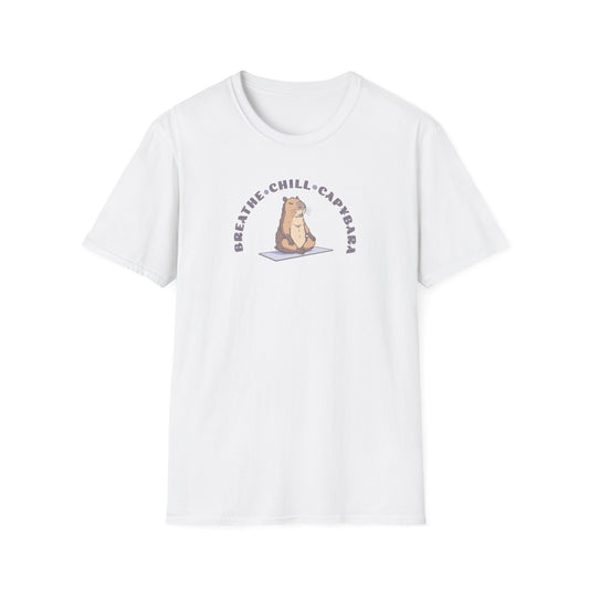 a white t-shirt with a capybara in a yoga pose sitting on a yoga mat with the text 'breathe, chill, capybara'.