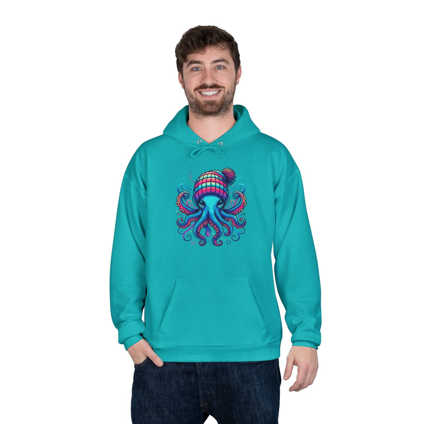 a  man wearing an athletic teal colored hoodie with an image of jewel-toned octopus wearing a knit cap