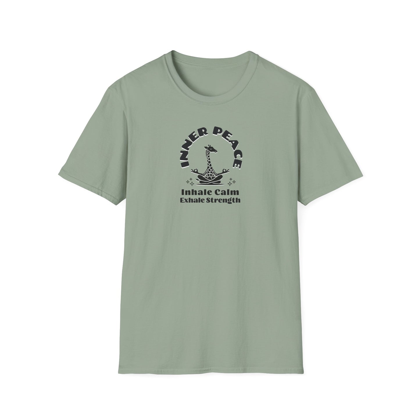  a sage colored t-shirt with image of a giraffe in a zen position with the text surrounding image, inner peace, inhale clam exhale strengths.