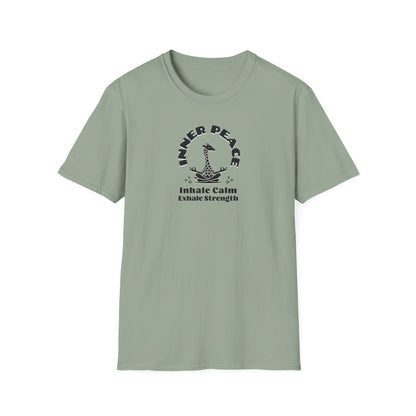  a sage colored t-shirt with image of a giraffe in a zen position with the text surrounding image, inner peace, inhale clam exhale strengths.