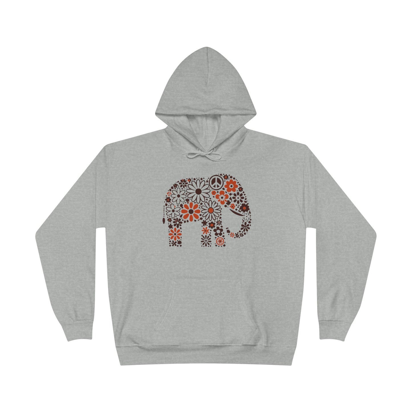 a light steel color hoodie with an image of an elephant created out of brown and orange floral design