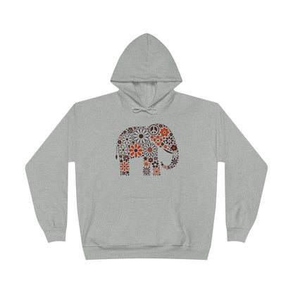 a light steel color hoodie with an image of an elephant created out of brown and orange floral design