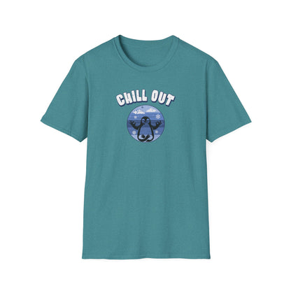 a heather galapagos blue color t-shirt featuring a relaxed penguin in a calm yoga pose, set against serene blue waters, snowy peaks, and gentle snowflakes. Perfect for promoting relaxation and cozy, laid-back vibes.