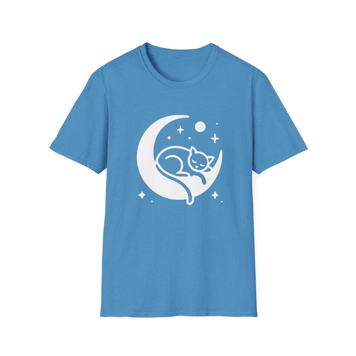 an antique heliconia colored t-shirt with an image of a kitten sleeping on a crescent moon