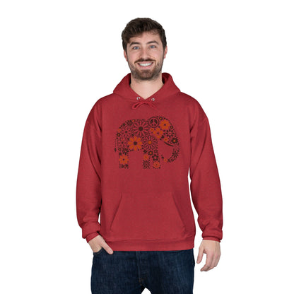 a man wearing a heather red color hoodie with an image of an elephant created out of brown and orange floral design