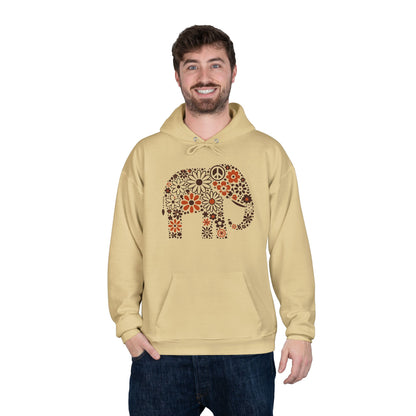 a man wearing an athletic gold color hoodie with an image of an elephant created out of brown and orange floral design