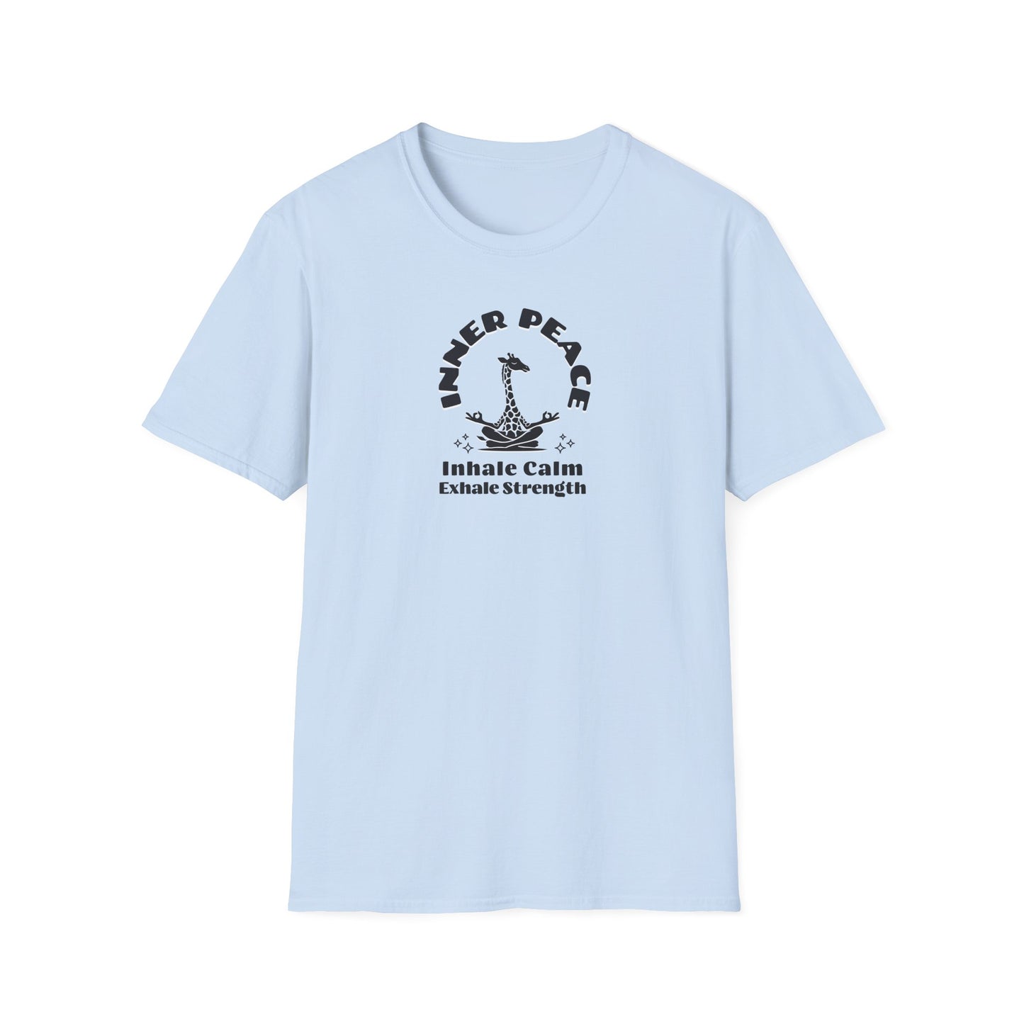 a  light blue colored t-shirt with image of a giraffe in a zen position with the text surrounding image, inner peace, inhale clam exhale strengths.