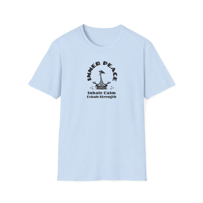 a  light blue colored t-shirt with image of a giraffe in a zen position with the text surrounding image, inner peace, inhale clam exhale strengths.