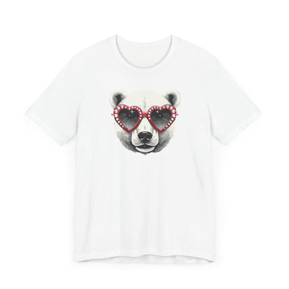 a white color t-shirt with a white polar bear face wearing a a heart-shaped sunglasses 