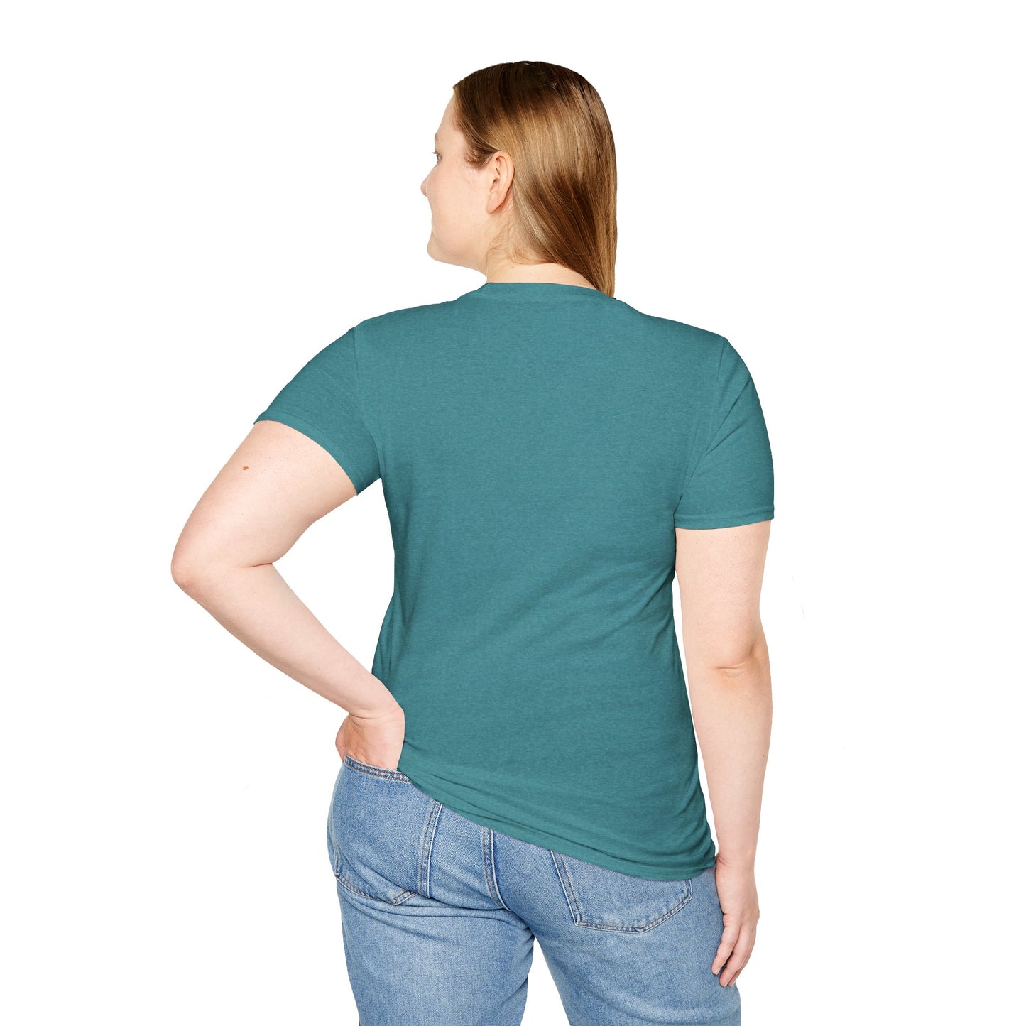 a woman wearing a heather Galapagos blue t-shirt with her back facing the viewer.