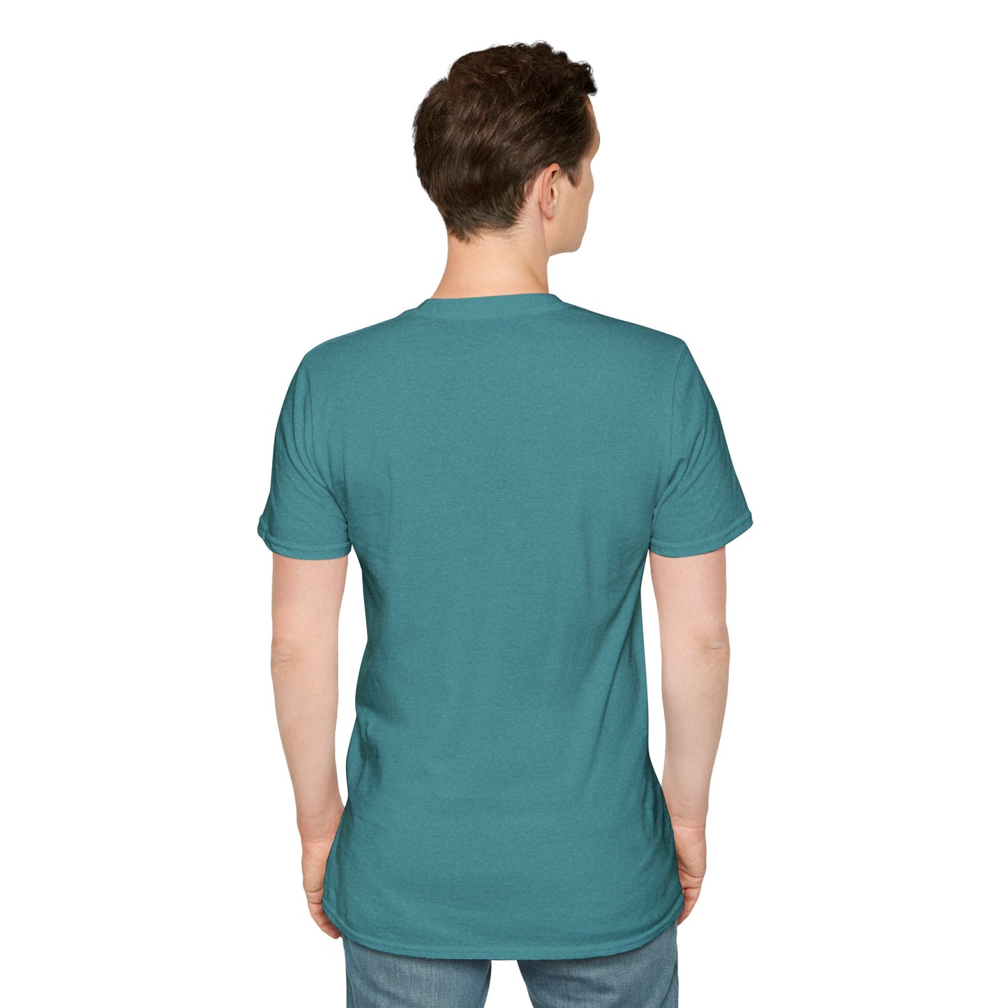 a man wearing a heather Galapagos blue t-shirt with her back facing the viewer.