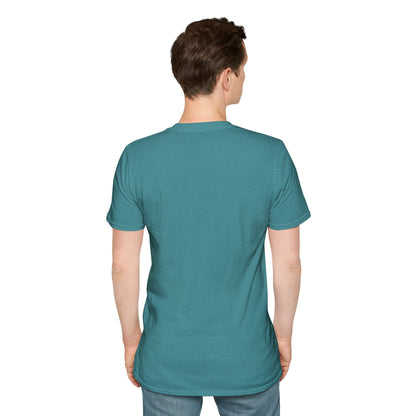 a man wearing a heather Galapagos blue t-shirt with her back facing the viewer.