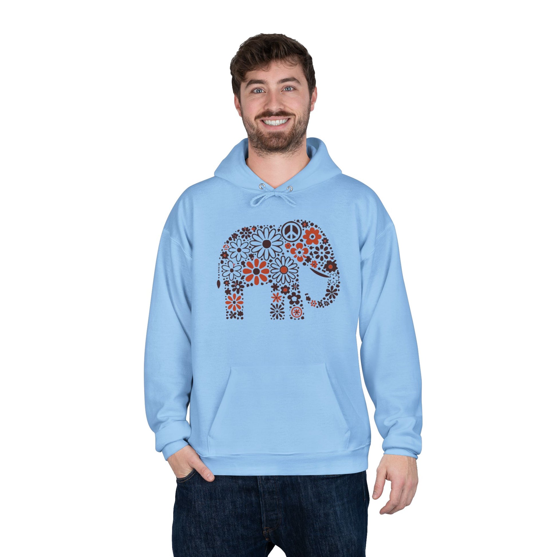 a man wearing light blue color hoodie with an image of an elephant created out of brown and orange floral design