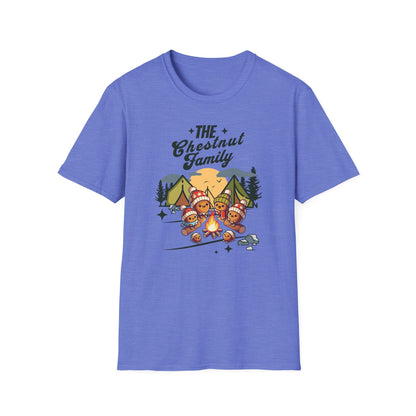 a heather royal colored t-shirt with an image of a cartoon family of chestnuts sitting by an open fire at a campsite
