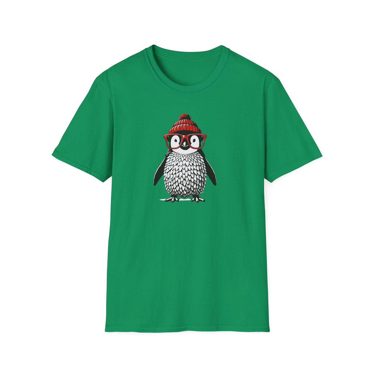 a Kelly green colored t-shirt with an image of a penguin wearing a red beanie and red eyeglasses