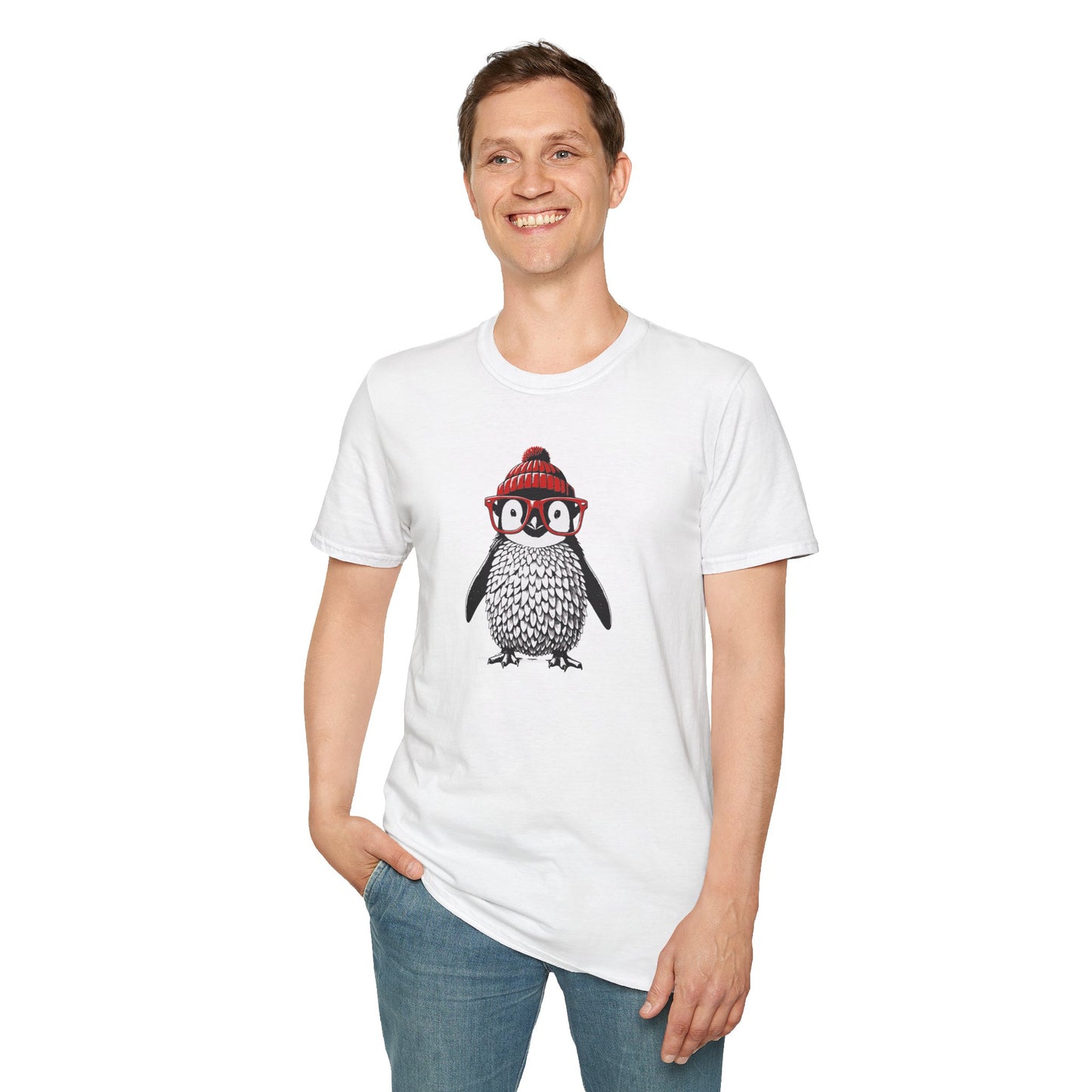 a man wearing a white colored t-shirt with an image of a penguin wearing a red beanie and red eyeglasses