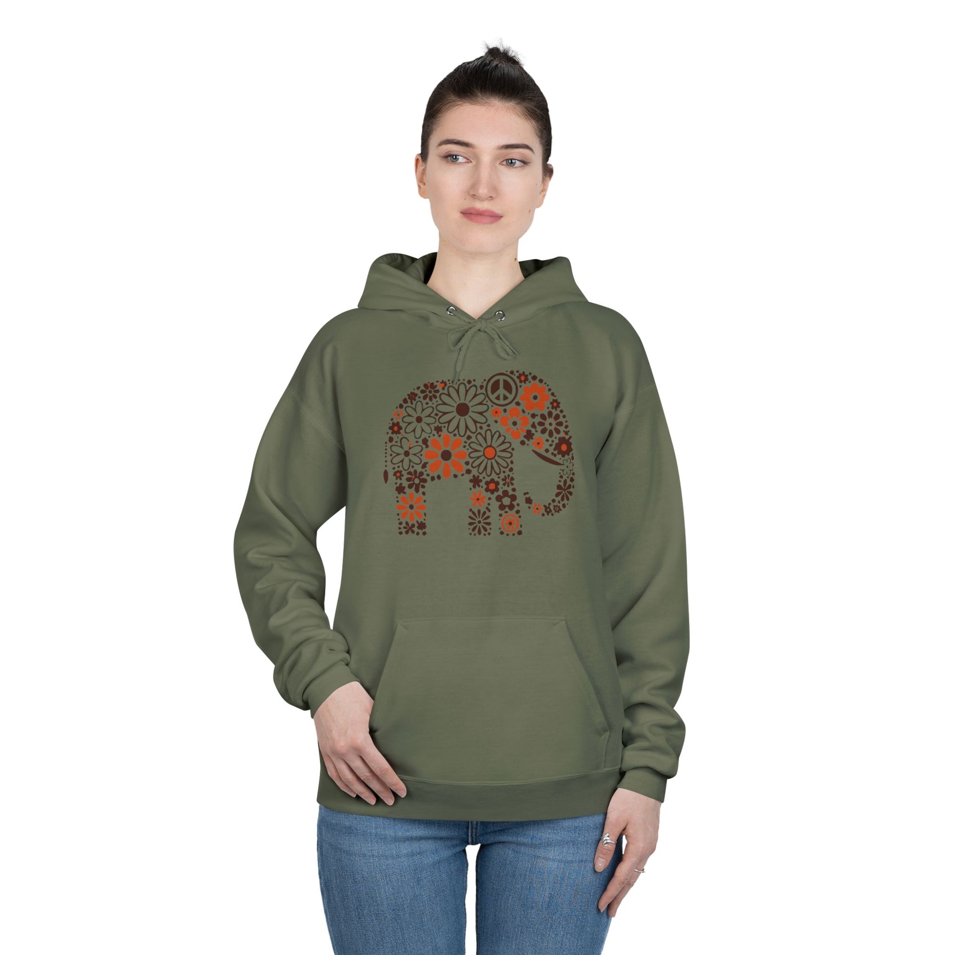 a woman wearing a fatigue green color hoodie with an image of an elephant created out of brown and orange floral design