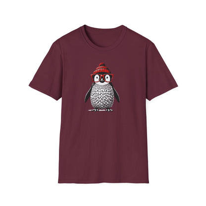 a maroon colored t-shirt with an image of a penguin wearing a red beanie and red eyeglasses