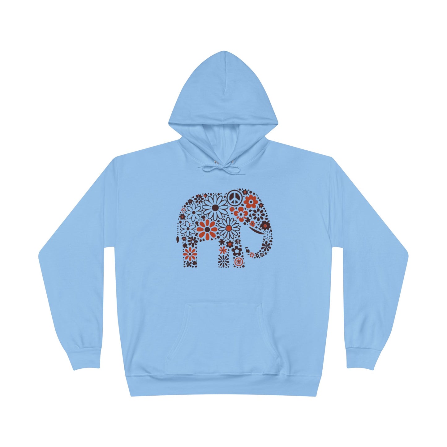 a light blue color hoodie with an image of an elephant created out of brown and orange floral design