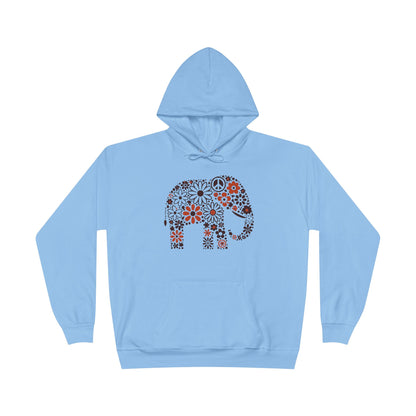 a light blue color hoodie with an image of an elephant created out of brown and orange floral design