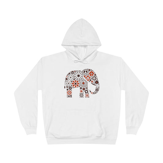 a white color hoodie with an image of an elephant created out of brown and orange floral design