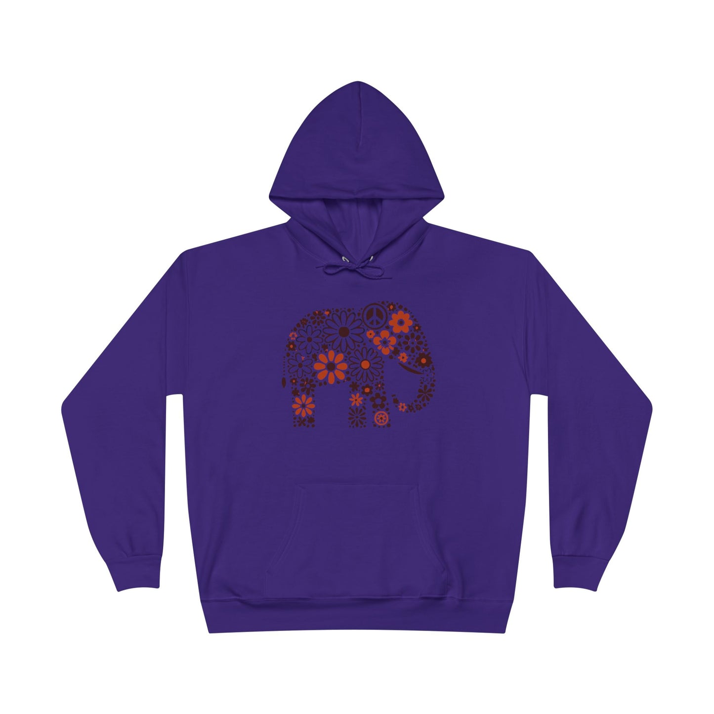 a purple color hoodie with an image of an elephant created out of brown and orange floral design