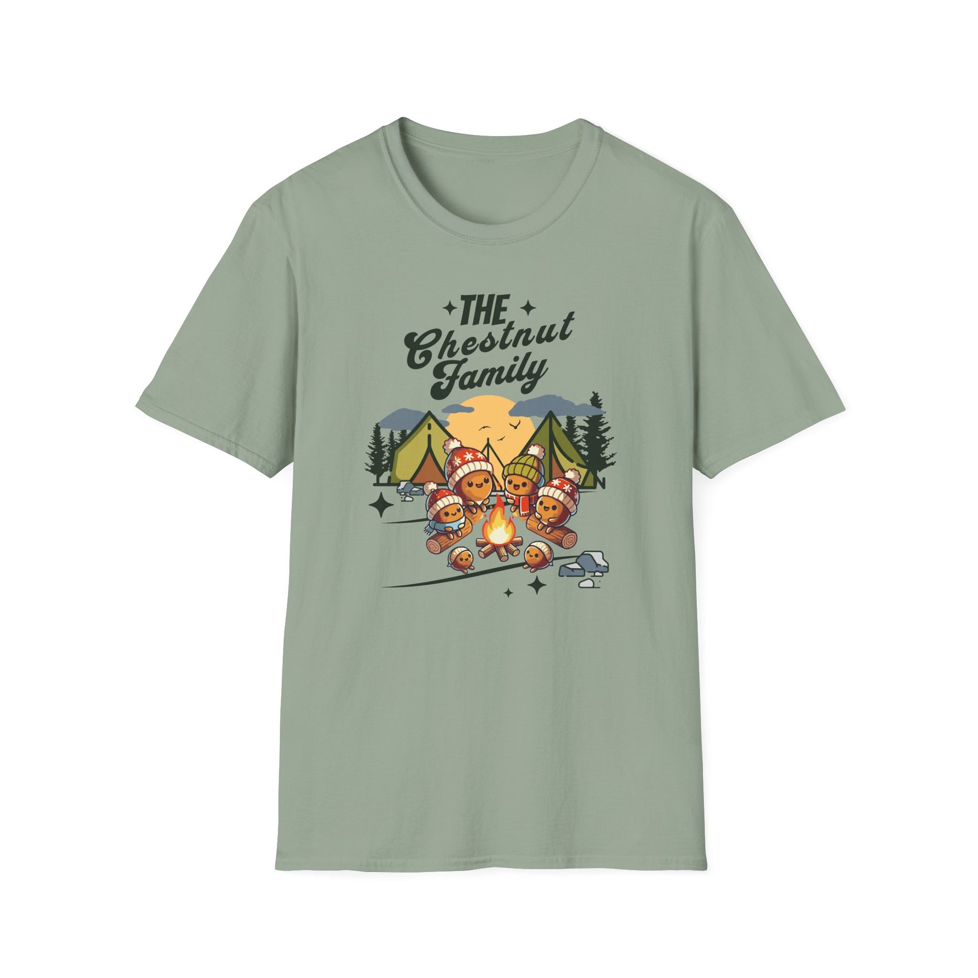 a sage colored t-shirt with an image of a cartoon family of chestnuts sitting by an open fire at a campsite