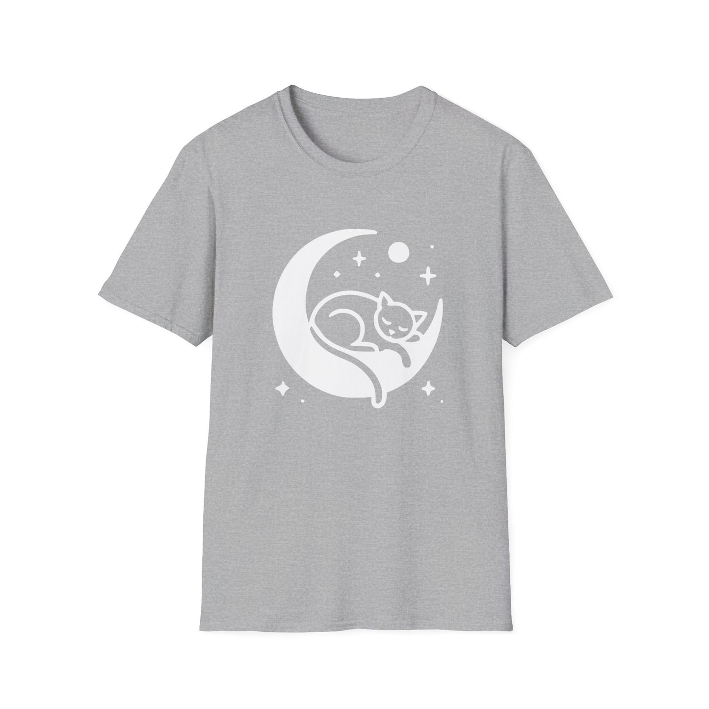 a sports gray colored t-shirt with an image of a kitten sleeping on a crescent moon