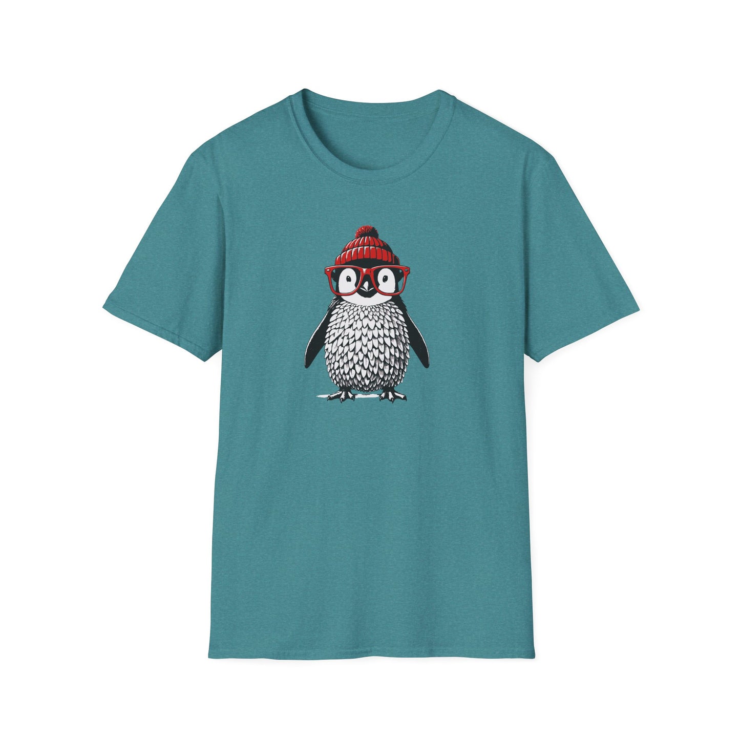 a heather Galapagos blue colored t-shirt with an image of a penguin wearing a red beanie and red eyeglasses