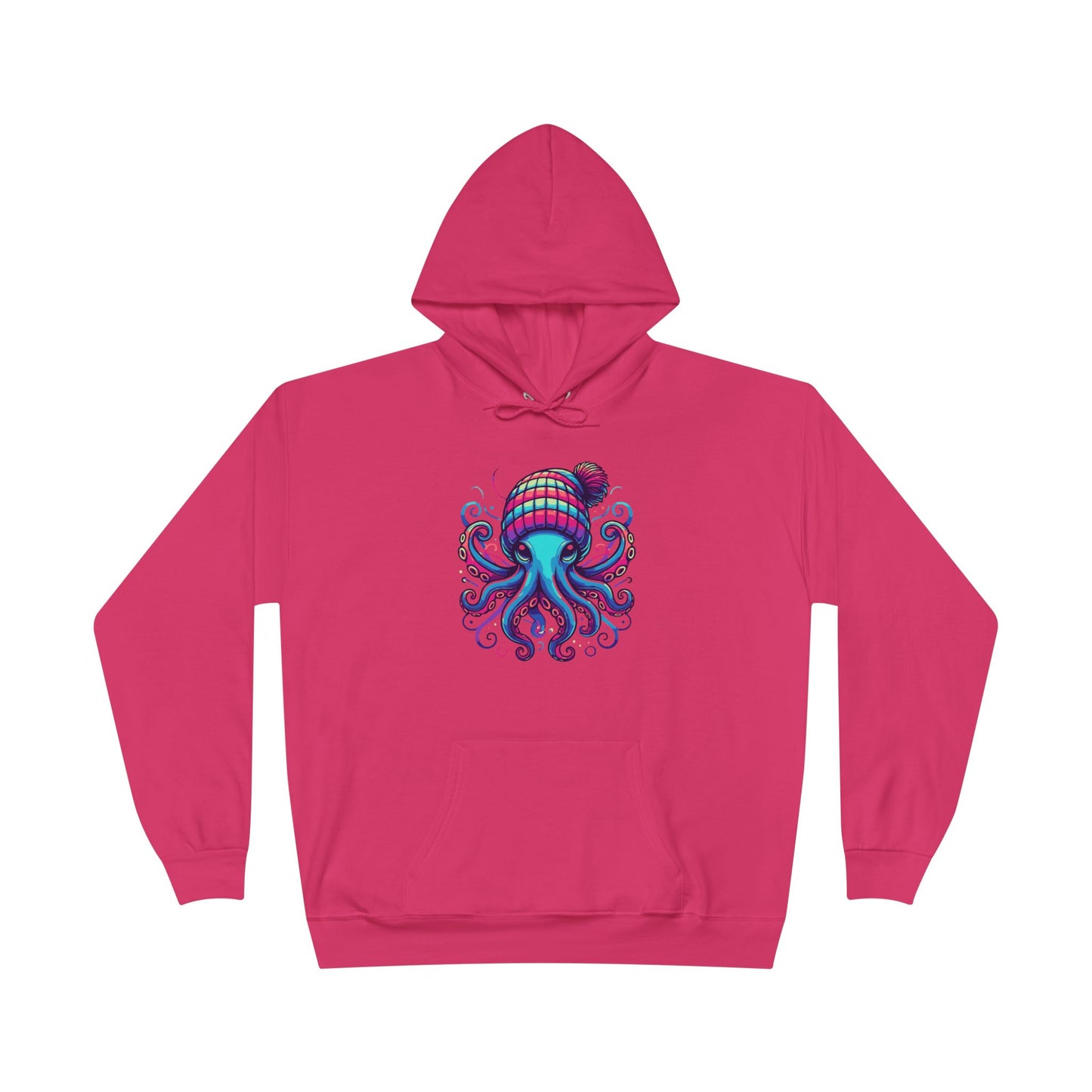 a wow pink colored hoodie with an image of jewel-toned octopus wearing a knit cap