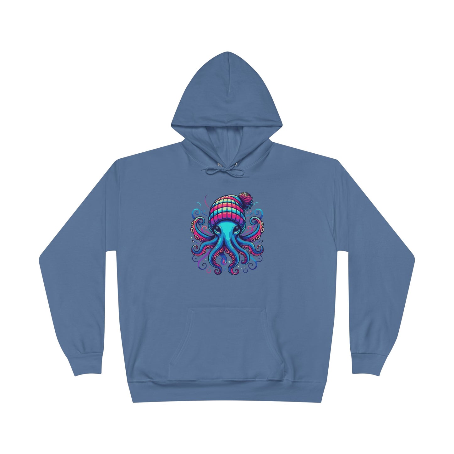 a denim blue colored hoodie with an image of jewel-toned octopus wearing a knit cap