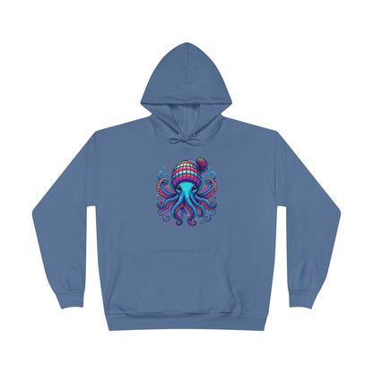 a denim blue colored hoodie with an image of jewel-toned octopus wearing a knit cap