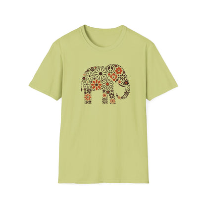a pistachio color t-shirt with an image of an elephant created out of brown and orange floral design