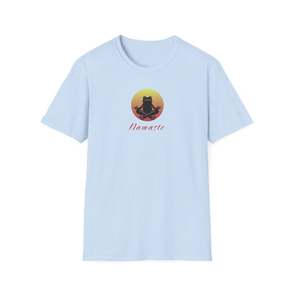 Light blue colored T-shirt featuring a relaxed frog in a peaceful yoga pose, ideal for self-care enthusiasts and mindfulness lovers. This zen-inspired shirt offers comfort and calm for yoga practice or everyday wear
