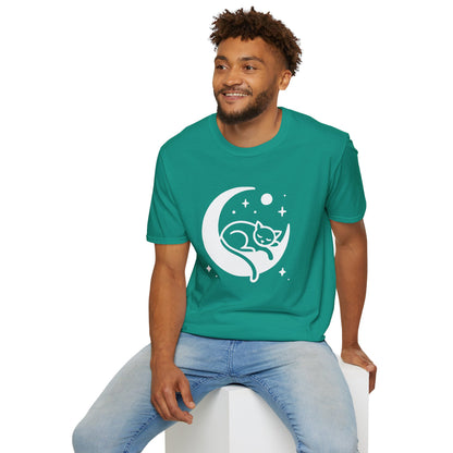 a man wearing a jade dome colored t-shirt with an image of a kitten sleeping on a crescent moon