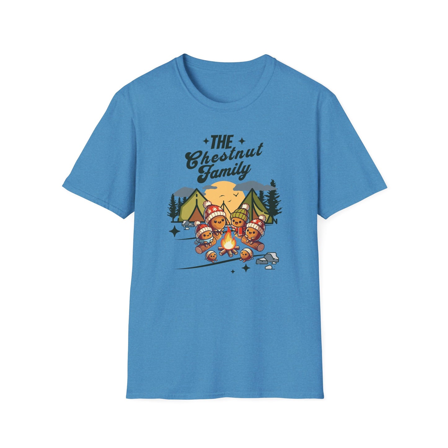 a heather sapphire colored t-shirt with an image of a cartoon family of chestnuts sitting by an open fire at a campsite