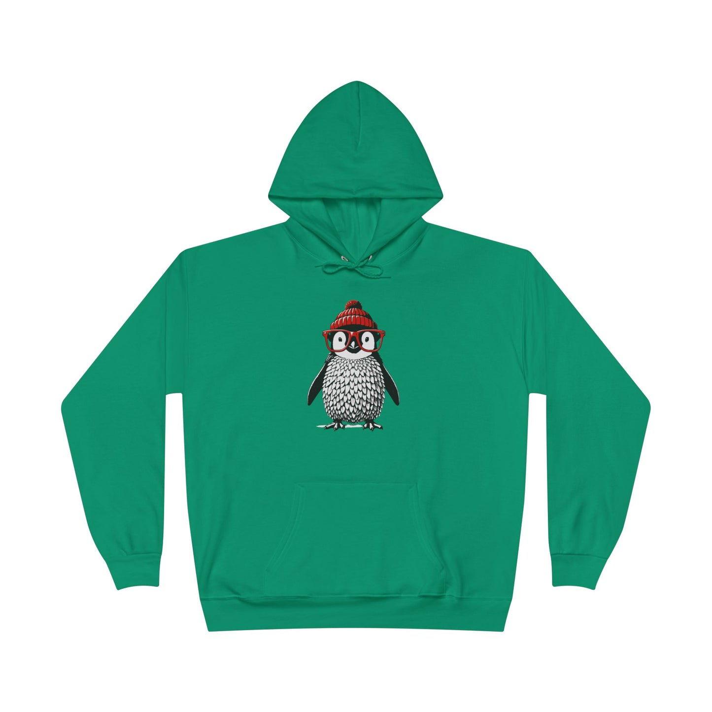 a kelly green colored hoodie with an image of a penguin wearing a red beanie and red eyeglasses