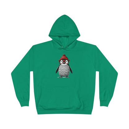 a kelly green colored hoodie with an image of a penguin wearing a red beanie and red eyeglasses