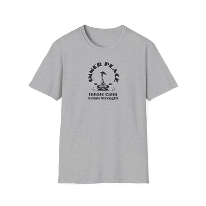  a sport grey colored t-shirt with image of a giraffe in a zen position with the text surrounding image, inner peace, inhale clam exhale strengths.