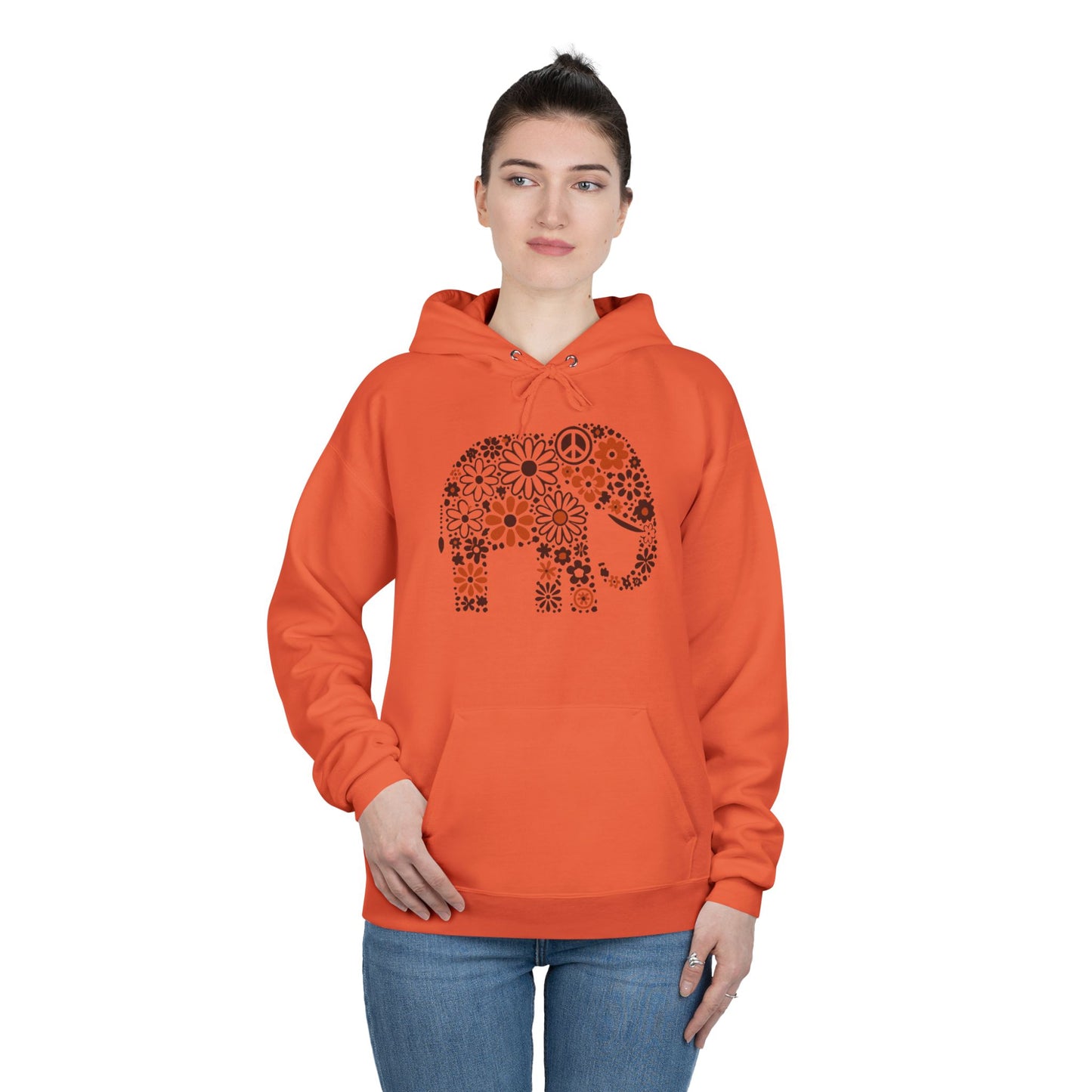 a woman wearing a texas orange color hoodie with an image of an elephant created out of brown and orange floral design