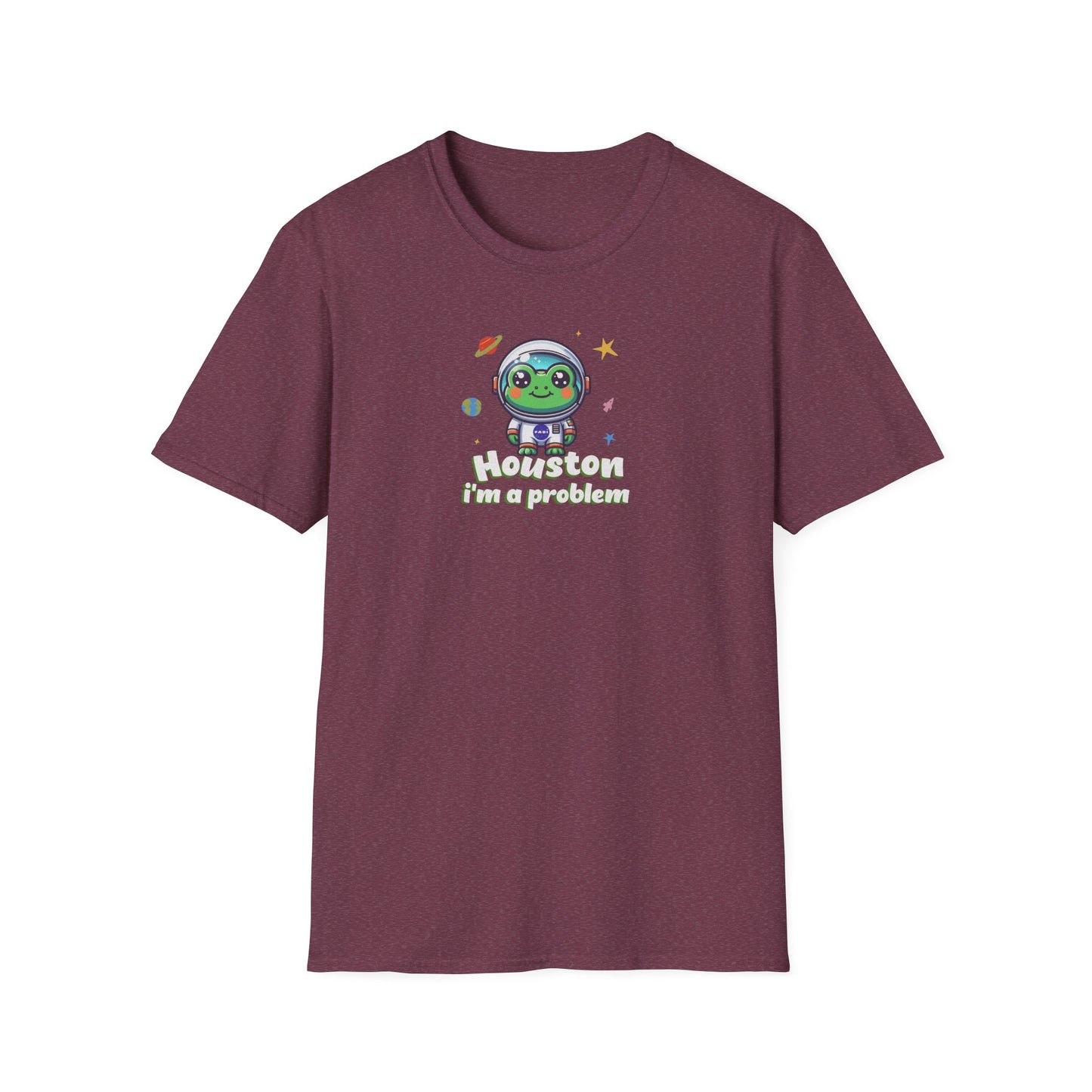 a heather maroon colored t-shirt with graphic of a cute astronaut frog in a spacesuit, ready for an interstellar adventure. The design showcases the frog as a space cadet, radiating charm and joy, perfect for spreading smiles across the galaxy