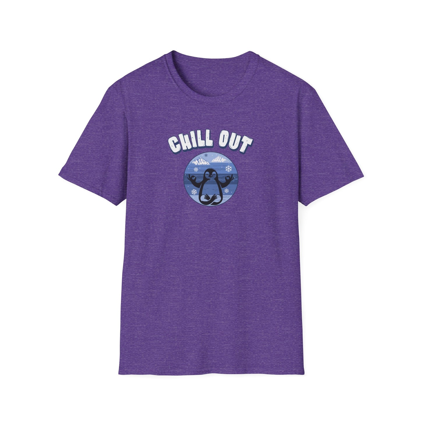 a purple color t-shirt featuring a relaxed penguin in a calm yoga pose, set against serene blue waters, snowy peaks, and gentle snowflakes. Perfect for promoting relaxation and cozy, laid-back vibes.