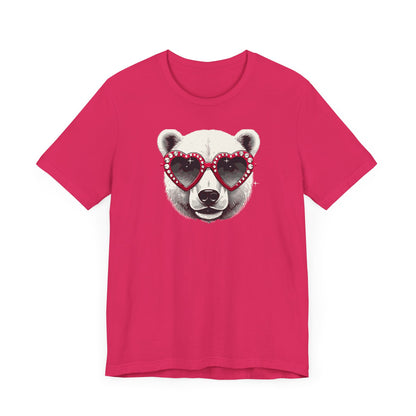 a fuchsia color t-shirt with a white polar bear face wearing a a heart-shaped sunglasses 