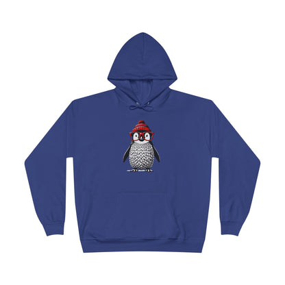 a deep royal colored hoodie with an image of a penguin wearing a red beanie and red eyeglasses