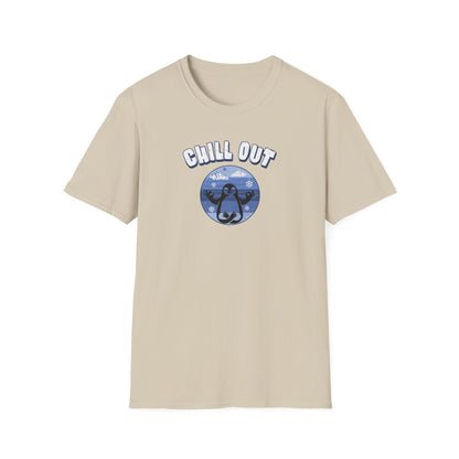 a sand color t-shirt featuring a relaxed penguin in a calm yoga pose, set against serene blue waters, snowy peaks, and gentle snowflakes. Perfect for promoting relaxation and cozy, laid-back vibes.