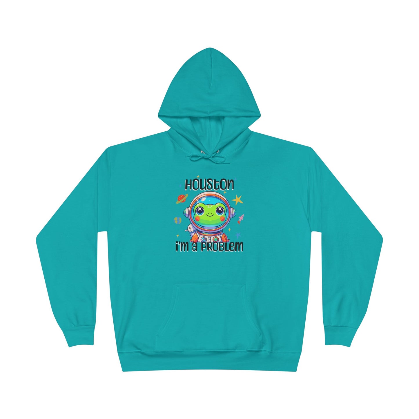 a athletic teal colored hoodie with graphic of a cute astronaut frog in a spacesuit, ready for an interstellar adventure. The design showcases the frog as a space cadet, radiating charm and joy, perfect for spreading smiles across the galaxy