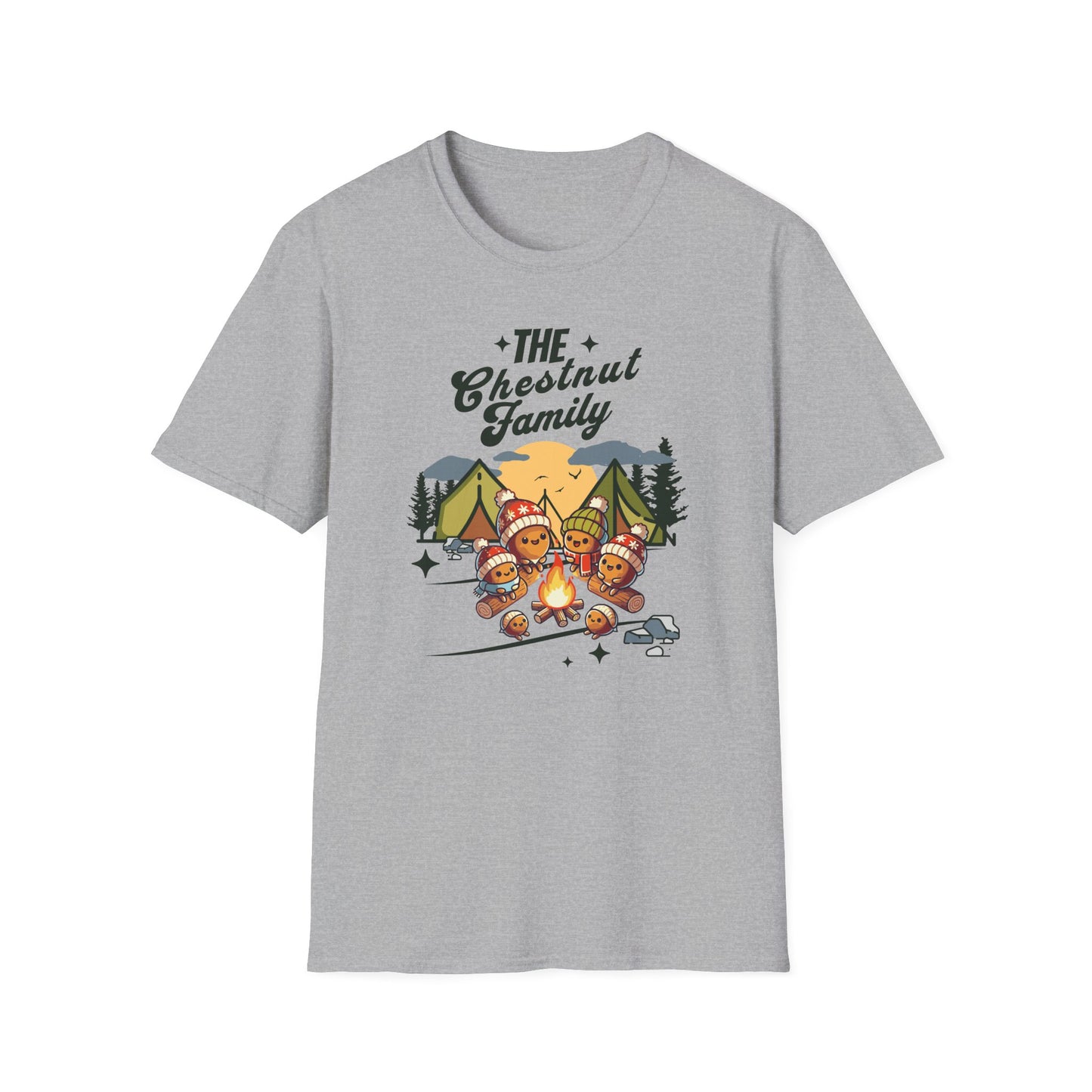 a sport grey colored t-shirt with an image of a cartoon family of chestnuts sitting by an open fire at a campsite