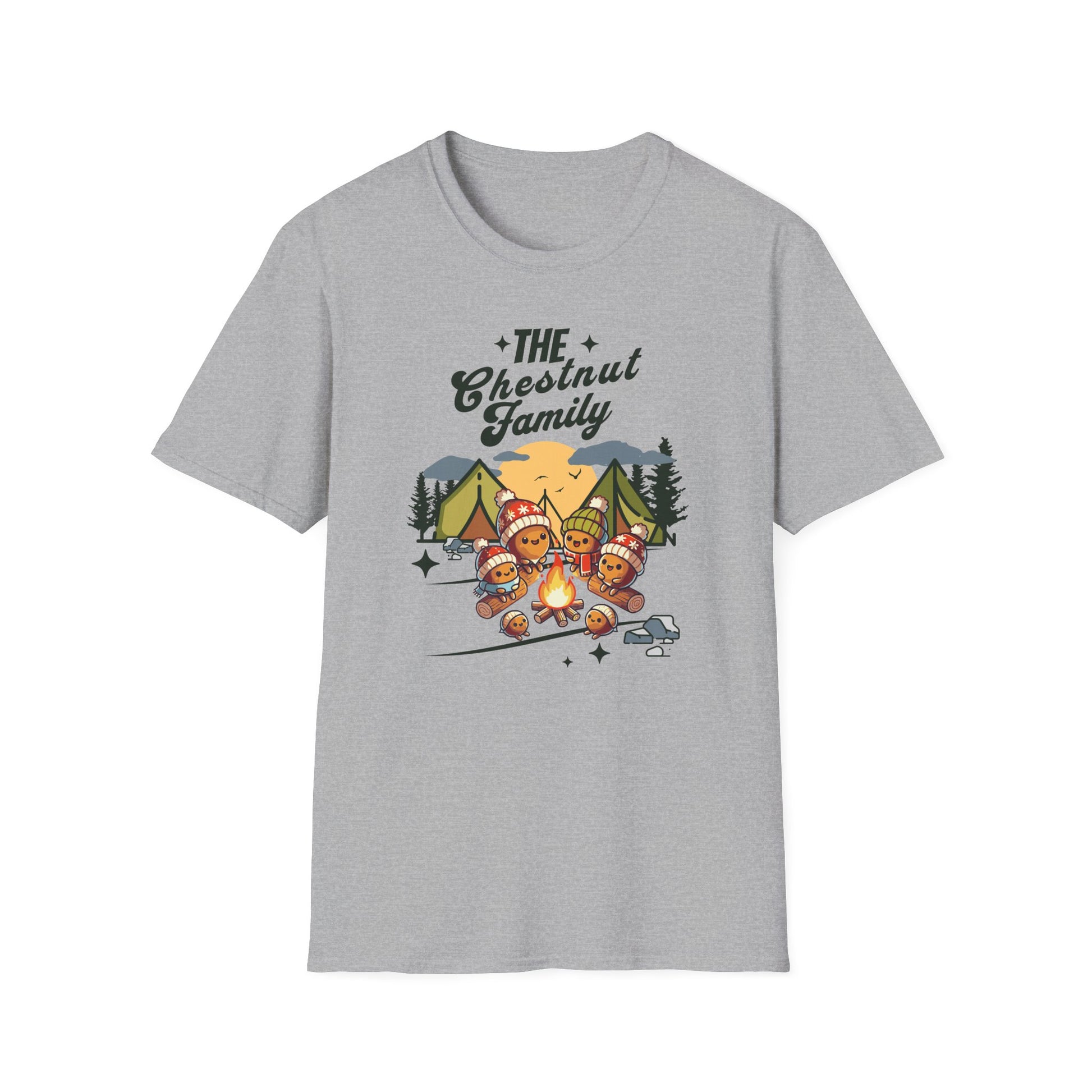a sport grey colored t-shirt with an image of a cartoon family of chestnuts sitting by an open fire at a campsite