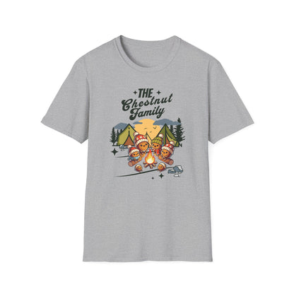 a sport grey colored t-shirt with an image of a cartoon family of chestnuts sitting by an open fire at a campsite